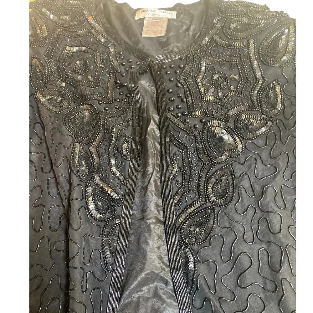 Adrianna Papell Evening Black Silk Beaded Jacket XL Sequins Formal Event Holiday